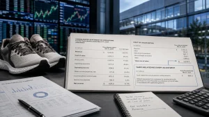 Nike sneakers with financial statements showing a tariff-related recovery adjustment of $986 million and a calculator on a desk.