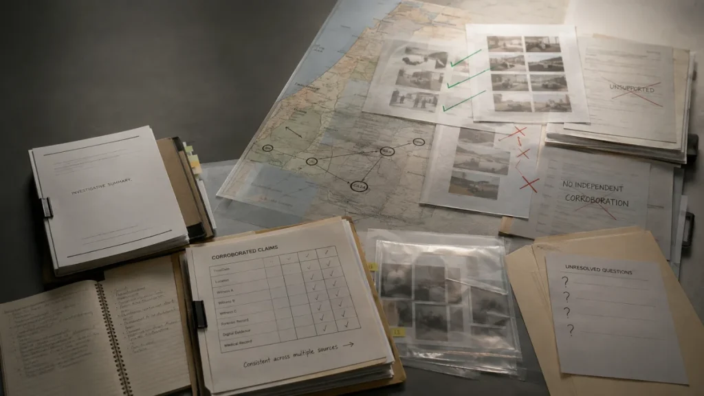 An overhead view of investigative documents, maps, photo evidence, and marked-up reports arranged on a table.