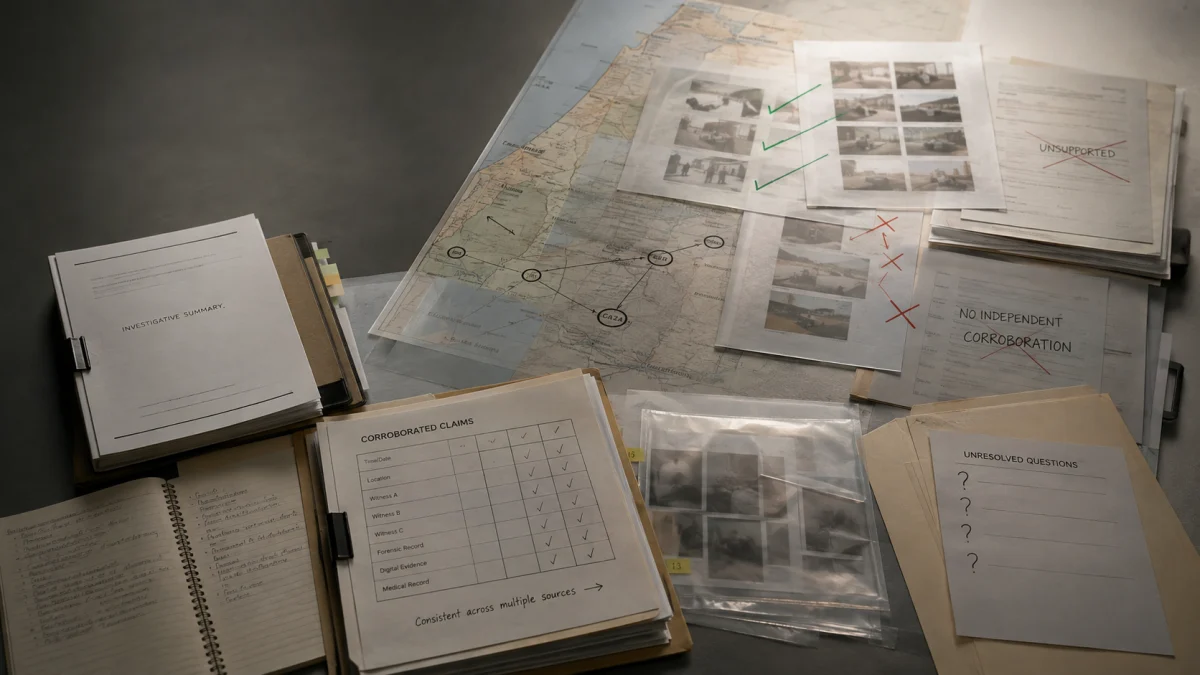 An overhead view of investigative documents, maps, photo evidence, and marked-up reports arranged on a table.