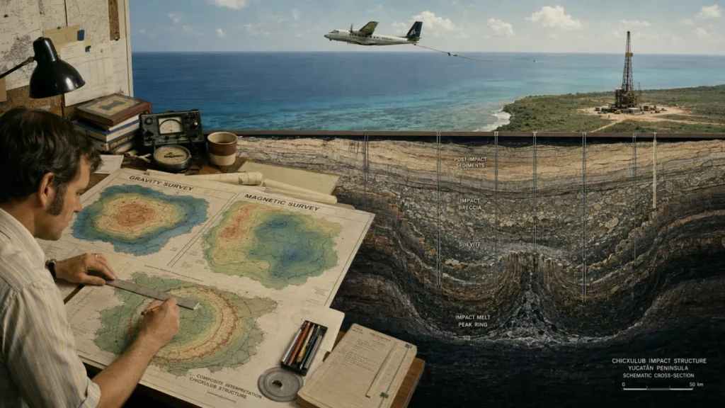 A scientist examines gravity and magnetic survey maps beside a cross-section of the Chicxulub impact structure, with an offshore plane and drilling rig in the background.