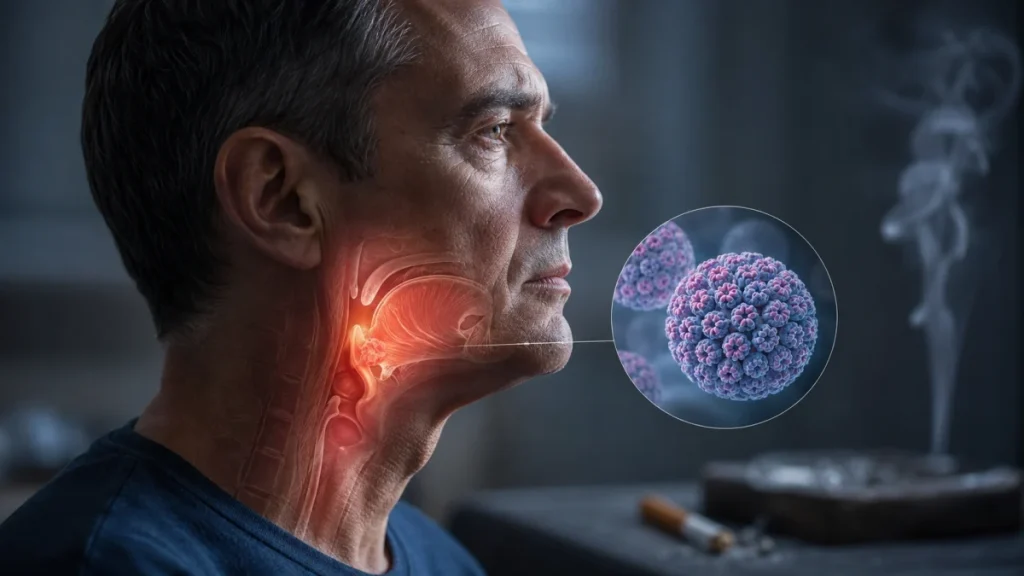 Profile of a man with a glowing throat illustration and a circular HPV graphic beside his face.