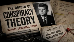 Editorial collage about the history of the term conspiracy theory, featuring John F. Kennedy and archival CIA imagery.