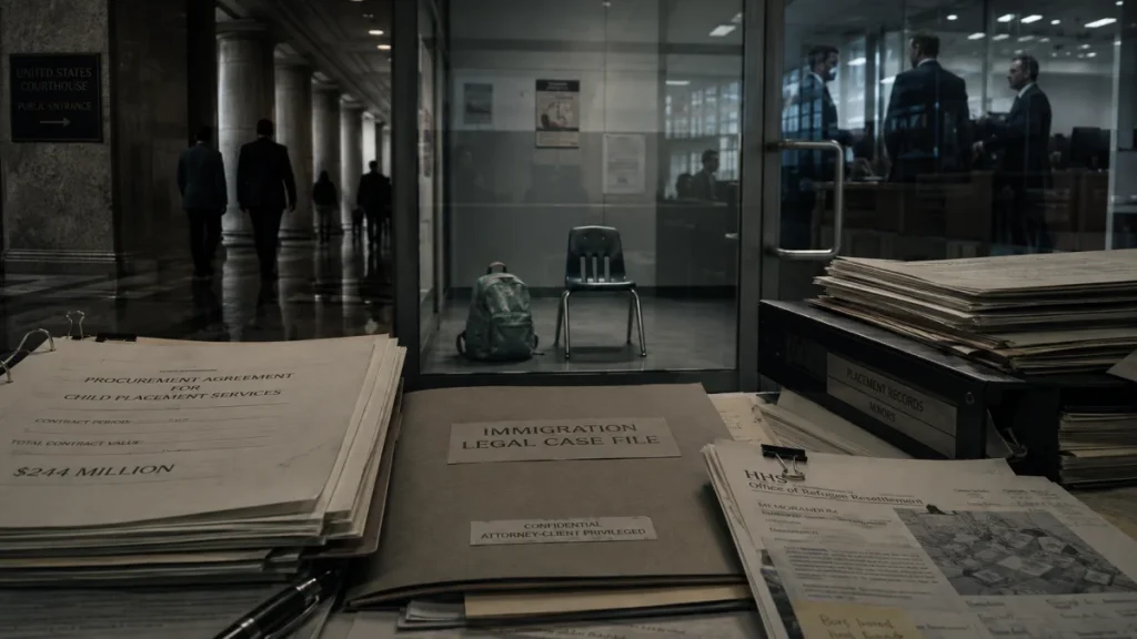 Stacks of legal paperwork labeled immigration case file in a courthouse office, with people visible in a hallway and behind glass doors.