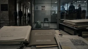 Stacks of legal paperwork labeled immigration case file in a courthouse office, with people visible in a hallway and behind glass doors.