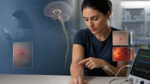Woman examining a small inflamed bump on her arm, with medical graphics showing the brain, nervous system, and inflammation indicators.