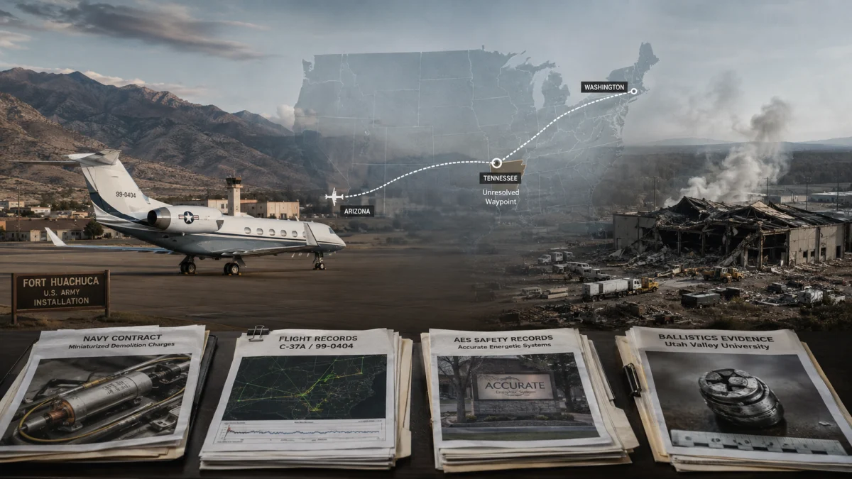 A collage showing a military jet on a runway, a smoke-filled crash site, a route map across the United States, and stacks of evidence documents in the foreground.