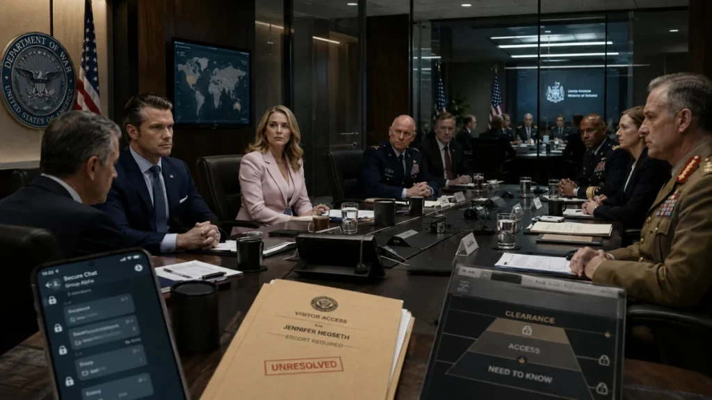 Officials sit around a conference table in a Pentagon-style briefing room, with a folder labeled Jennifer Hegseth visitor access in the foreground.