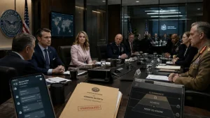 Officials sit around a conference table in a Pentagon-style briefing room, with a folder labeled Jennifer Hegseth visitor access in the foreground.