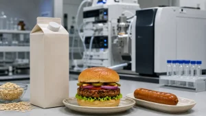 Plant-based milk carton, veggie burger, and sausage on plates in a laboratory setting with testing equipment in the background.