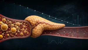 Medical illustration of a pancreas beside a blood vessel filled with lipid particles and blood cells, with faint chart lines in the background.