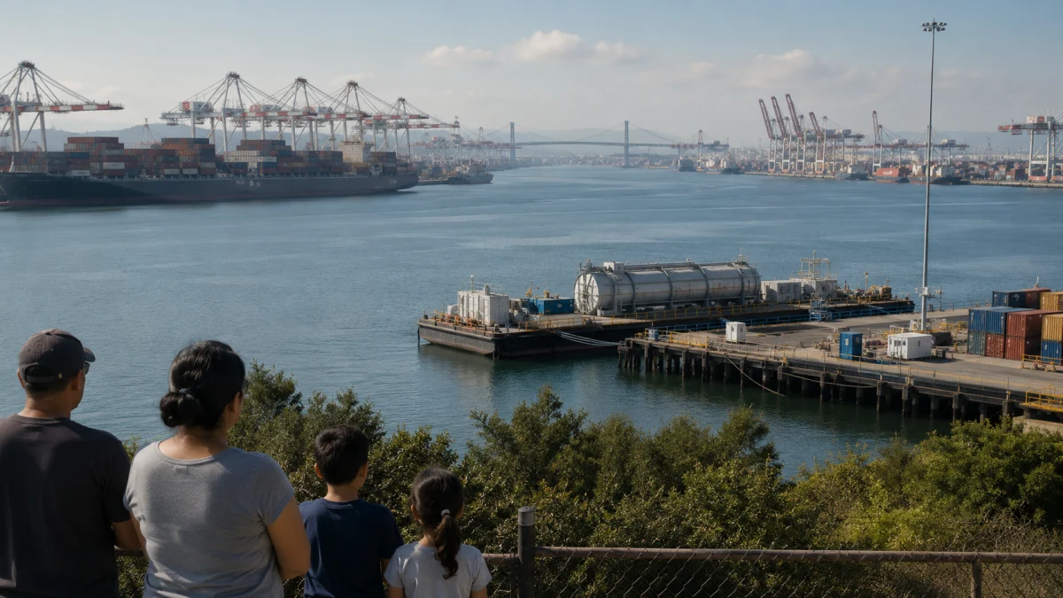 Family viewing a busy container port with cranes, cargo ships, and calm water in the harbor.