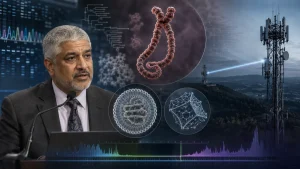 Dr. Rashid Buttar speaking at a podium with scientific graphics, a Marburg virus illustration, and a 5G cell tower in the background.