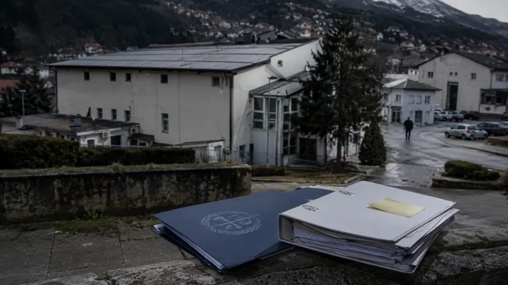 Two stacks of legal binders sit on a stone ledge overlooking a town street and buildings in Foča on a cloudy day.