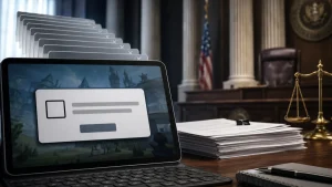 A tablet with a login form sits beside stacks of legal papers in a courtroom setting, with a gavel and scales of justice in the background.