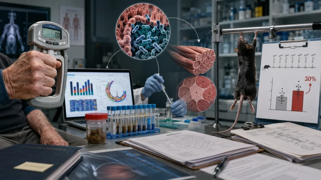 Laboratory scene with a mouse, muscle images, microbiome graphics, and a chart showing a 30% increase in strength.