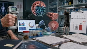 Laboratory scene with a mouse, muscle images, microbiome graphics, and a chart showing a 30% increase in strength.