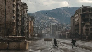 Editorial reconstruction of a war-damaged Sarajevo boulevard with tram tracks, barriers, and civilians crossing