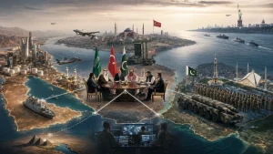 Illustrated geopolitical scene showing Saudi, Turkish, and Pakistani leaders meeting amid flags, military assets, and city landmarks across the Middle East and South Asia.