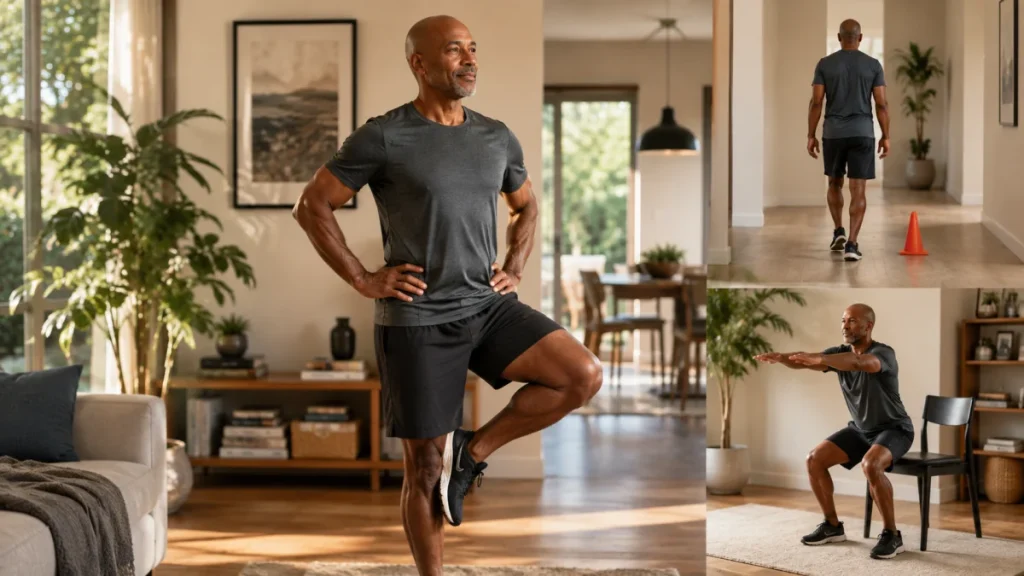 Collage of a man doing balance and mobility exercises, including standing on one leg, walking, and a chair squat in a living room.