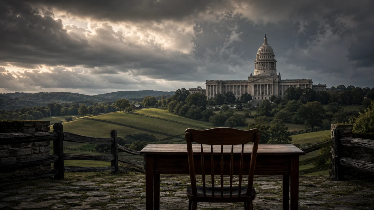 A wooden chair and table overlook a green landscape with the U.S. Capitol building under dramatic storm clouds.