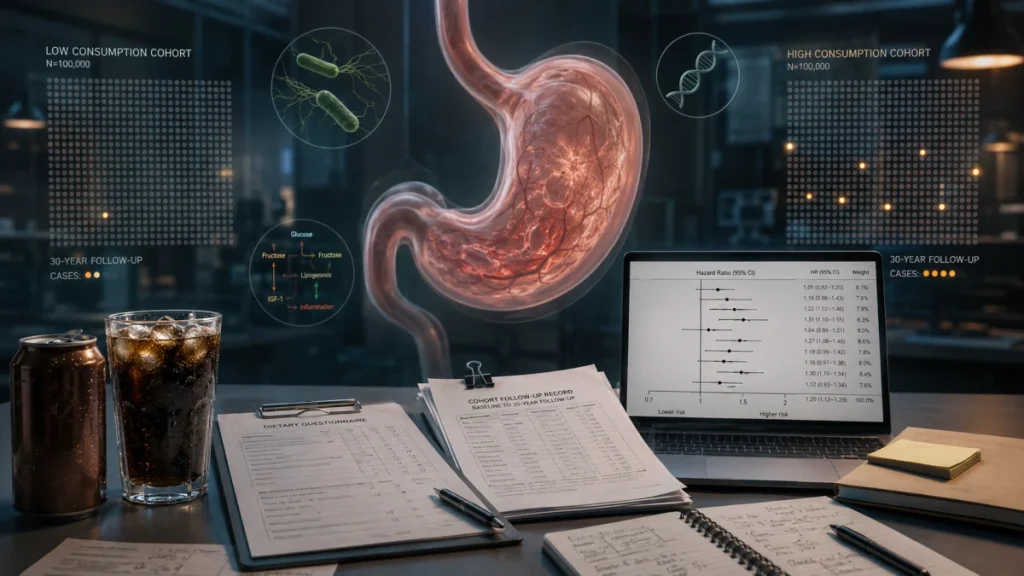 A desk scene with a soda can, glass of cola, research papers, and a laptop showing a statistical chart, overlaid with a glowing stomach illustration and health data graphics.
