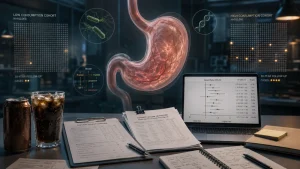 A desk scene with a soda can, glass of cola, research papers, and a laptop showing a statistical chart, overlaid with a glowing stomach illustration and health data graphics.