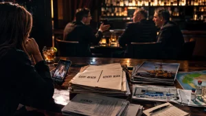 People seated in a dimly lit bar with stacks of documents, photos, and a smartphone showing a woman on screen in the foreground.