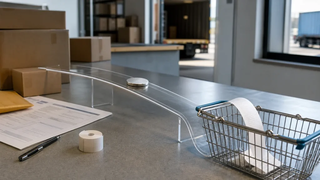 Unbranded shipping boxes, a customs-style form and receipt, and a shopping basket connected by a clear path, illustrating the gap between tariff refunds and consumers.