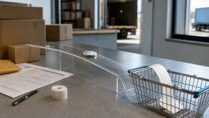 Unbranded shipping boxes, a customs-style form and receipt, and a shopping basket connected by a clear path, illustrating the gap between tariff refunds and consumers.