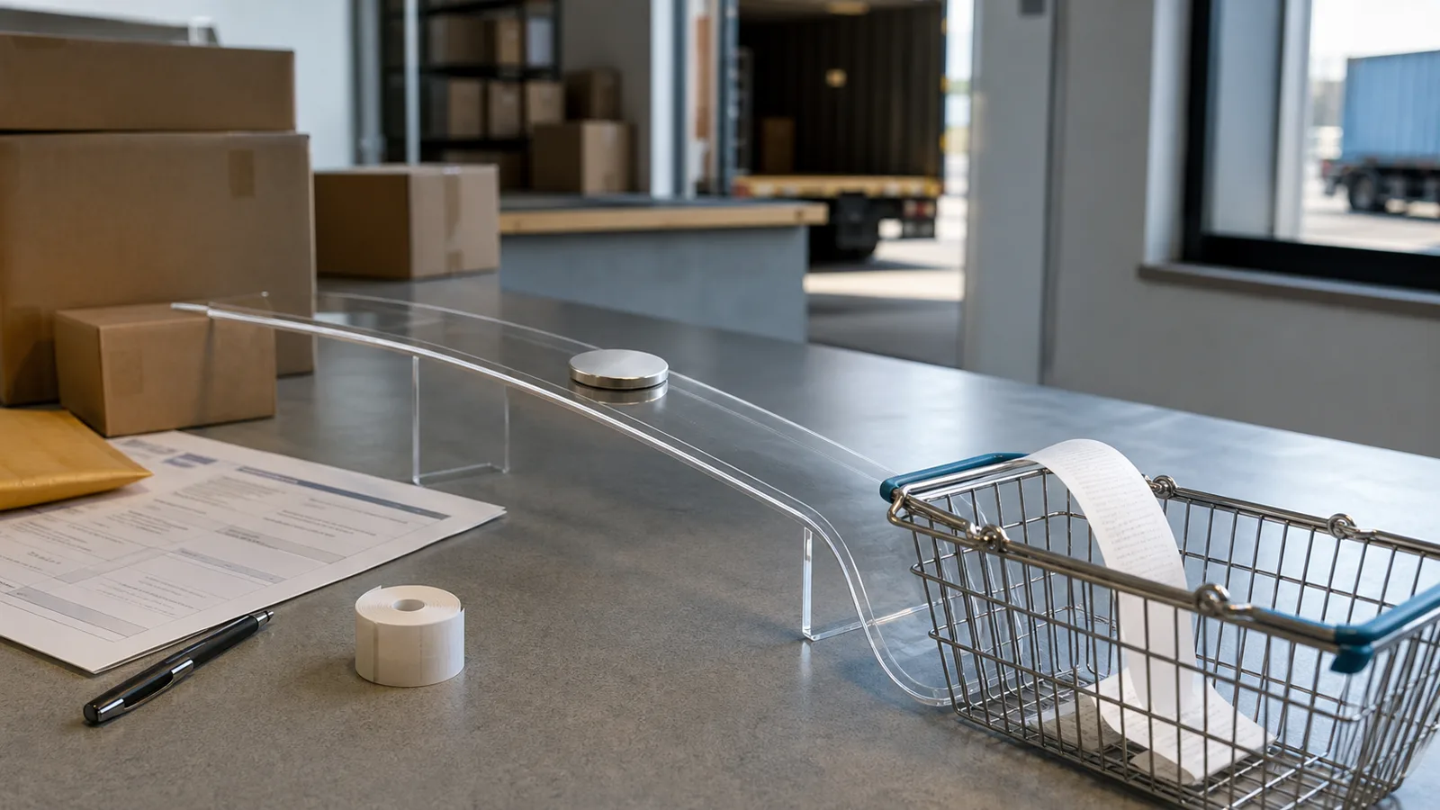 Unbranded shipping boxes, a customs-style form and receipt, and a shopping basket connected by a clear path, illustrating the gap between tariff refunds and consumers.