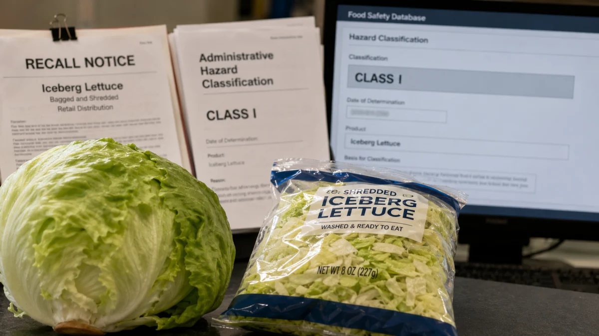 Iceberg lettuce and packaged shredded lettuce in front of recall notice paperwork and a Class I FDA hazard classification screen.