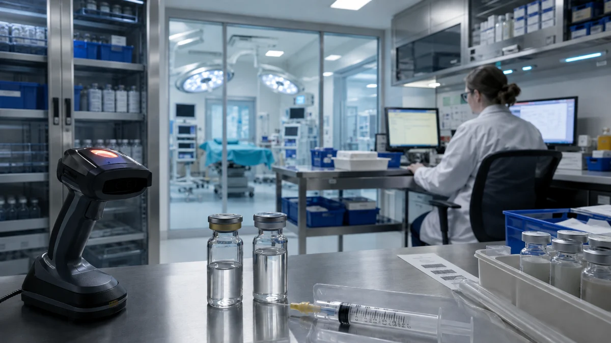 A hospital pharmacy workroom with medication vials, a syringe, and a technician at a computer in the background.