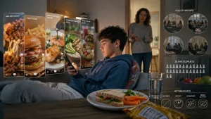 Teen boy scrolling on a smartphone while social media food videos and focus group graphics float around him at a dining table with a sandwich and snacks.