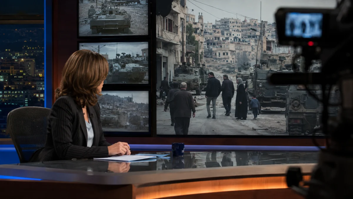A news anchor sits at a desk in a television studio with war footage displayed on large screens behind her.