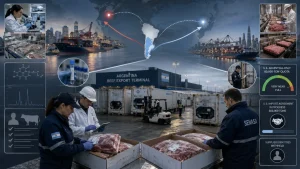 Composite graphic showing Argentine beef export and inspection workers at a port with shipping containers, cargo ships, and trade route arrows on a world map.