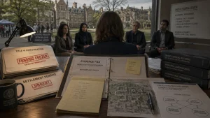 Officials sit in a campus meeting surrounded by investigation files, funding freeze notices, and policy documents on a desk.