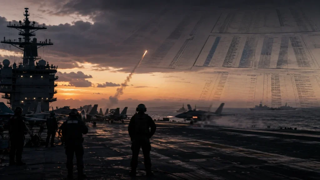 A silhouetted aircraft carrier flight deck at sunset with sailors and fighter jets, overlaid with financial spreadsheets and a missile launch.
