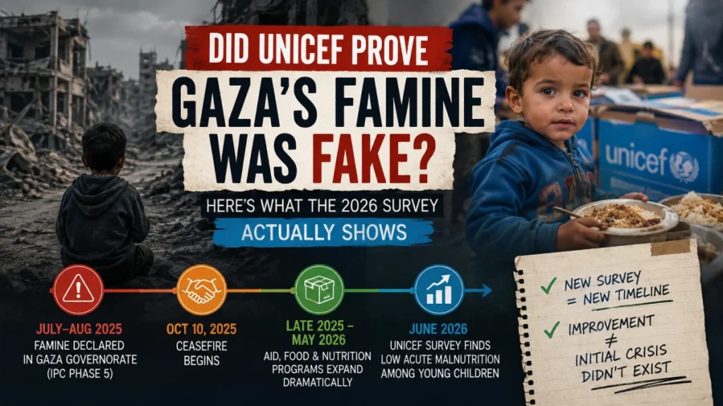 Graphic about Gaza’s famine claims with a child holding food, a UNICEF aid box, and a timeline showing aid expansion and a 2026 survey.