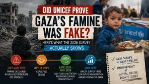 Graphic about Gaza’s famine claims with a child holding food, a UNICEF aid box, and a timeline showing aid expansion and a 2026 survey.