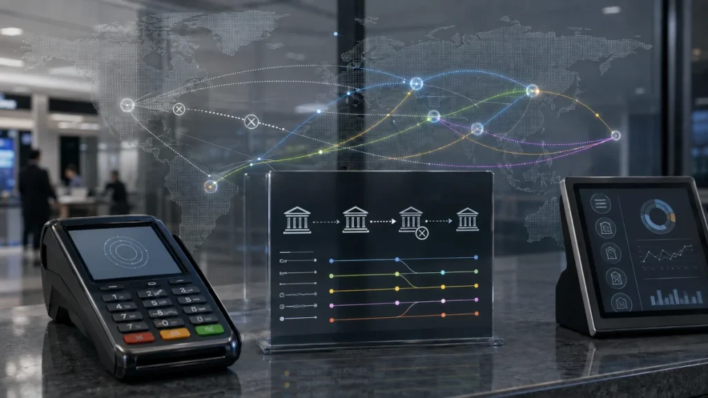 Digital financial displays and payment terminals in a modern office with a world map and connected transaction lines in the background.