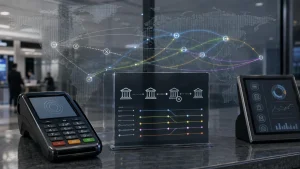 Digital financial displays and payment terminals in a modern office with a world map and connected transaction lines in the background.