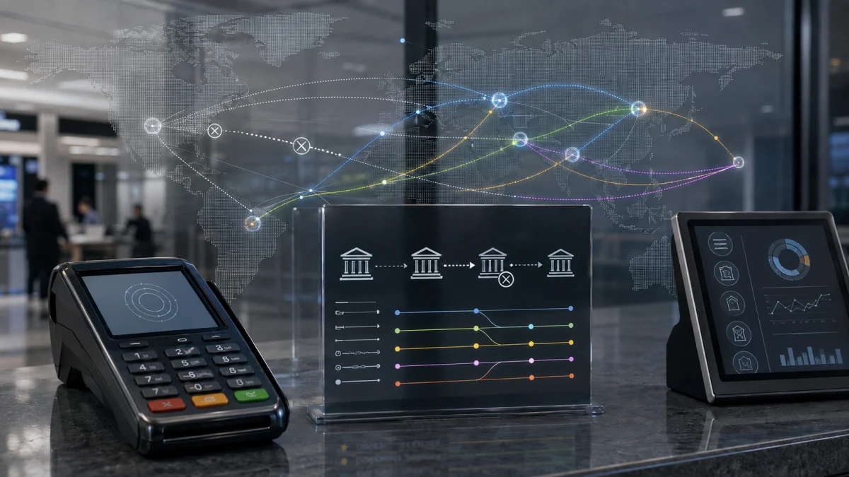 Digital financial displays and payment terminals in a modern office with a world map and connected transaction lines in the background.