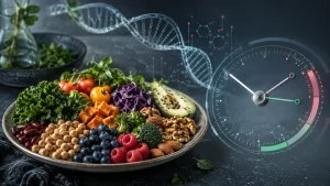 A healthy plant-based meal bowl with vegetables, berries, nuts, legumes, and avocado beside a DNA helix and clock graphic.