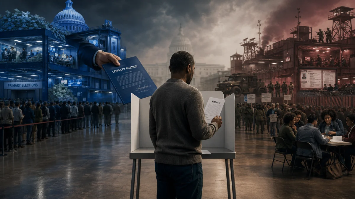 A man stands at a ballot booth holding a ballot, surrounded by a split political scene with primary elections on the left and a militarized voting area on the right.