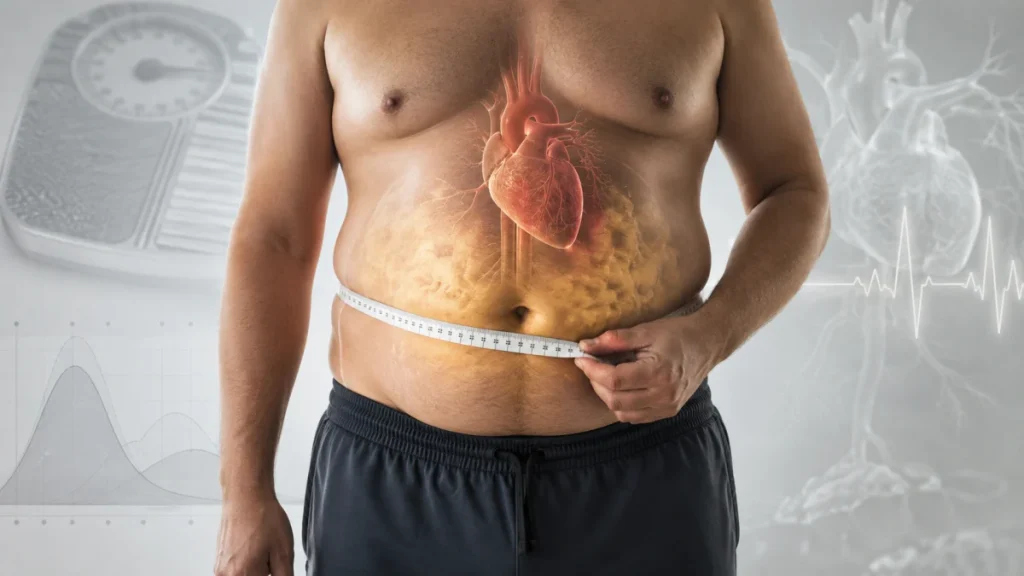 A man measures his waist with a tape measure, with a glowing heart graphic over his torso and health icons in the background.