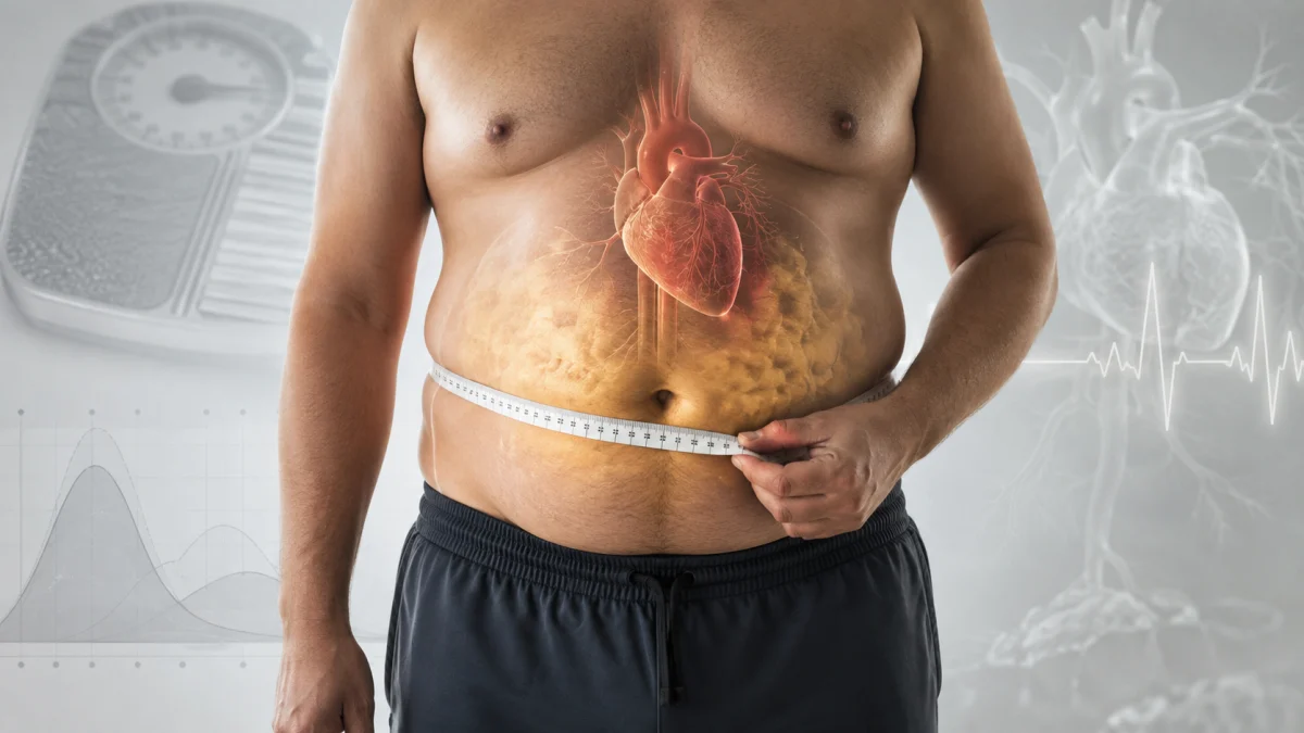 A man measures his waist with a tape measure, with a glowing heart graphic over his torso and health icons in the background.
