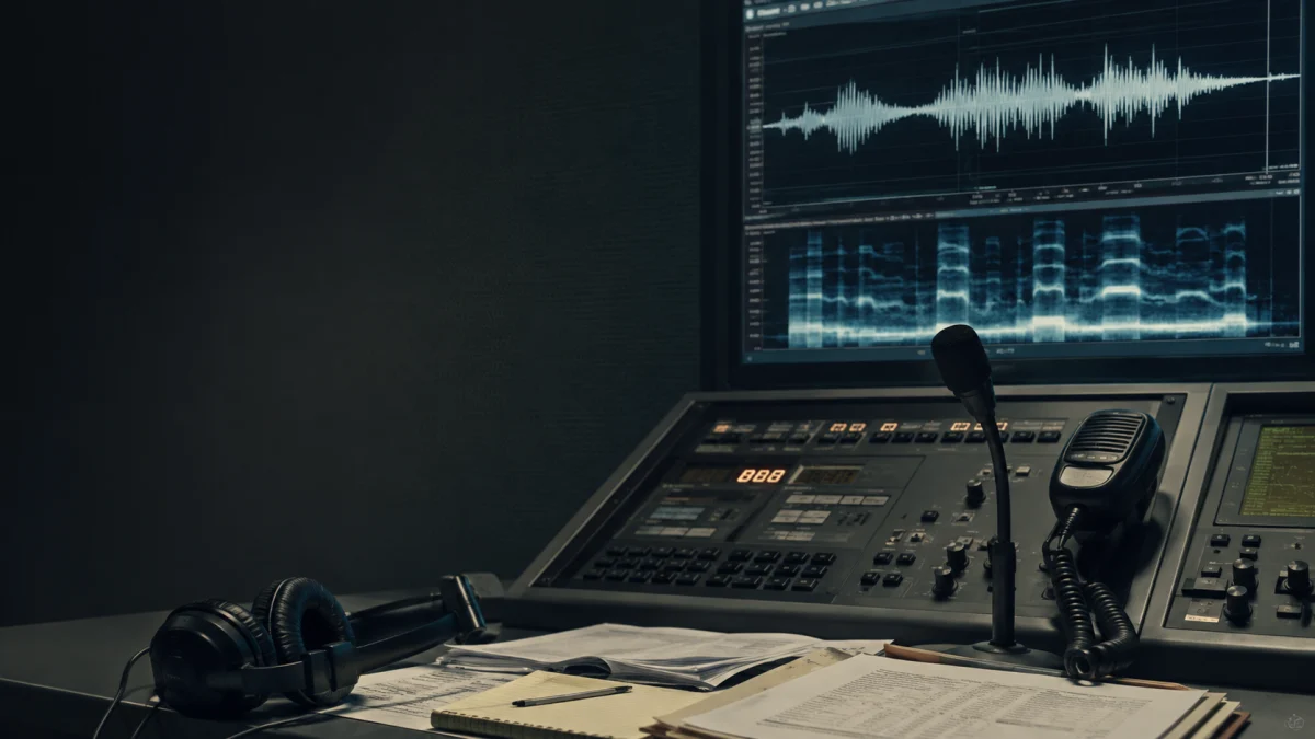 Broadcast or audio production control console with waveform monitors, microphone, headset, and papers on the desk.