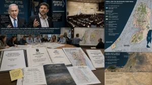 Collage of Israeli leaders, Knesset scenes, policy documents, and maps showing the West Bank, Gaza, and regional borders tied to the Greater Israel debate.