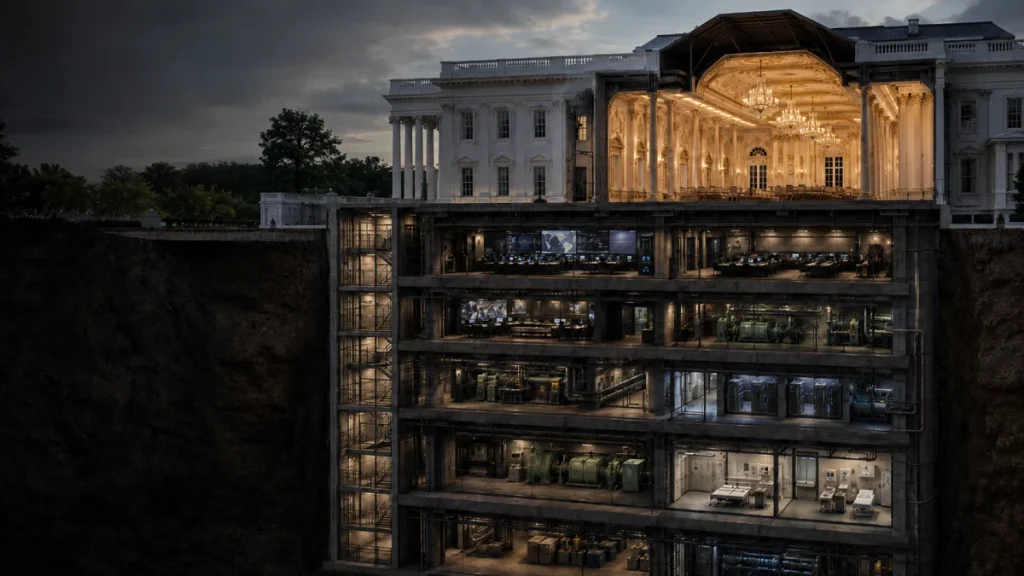 A cutaway view of the White House showing a hidden underground bunker with command rooms, equipment, and illuminated interiors beneath the residence.