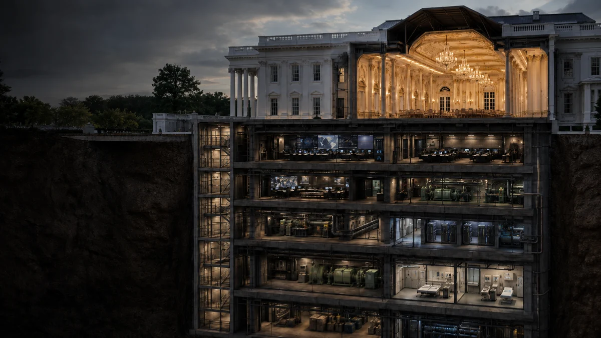 A cutaway view of the White House showing a hidden underground bunker with command rooms, equipment, and illuminated interiors beneath the residence.